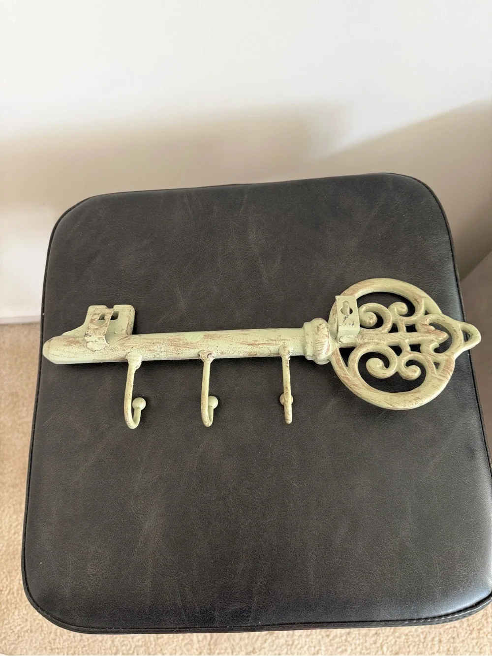 Decorative Vintage Key Wall Hook in Distressed Sage Green Rod Iron